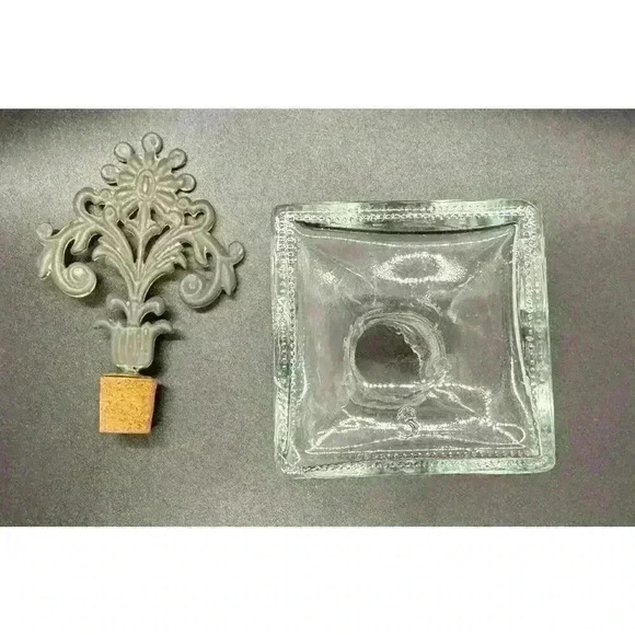 Perfume Bottle with Handblown Wide Glass Base, Metal Floral Accent Cork Stopper - Picture 2 of 8